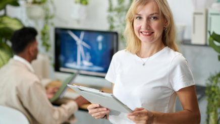 Person looking at chart depicting stakeholder intelligence reports for renewable energy company