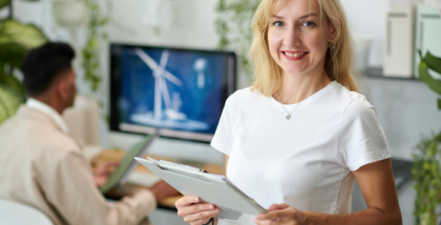 Person looking at chart depicting stakeholder intelligence reports for renewable energy company