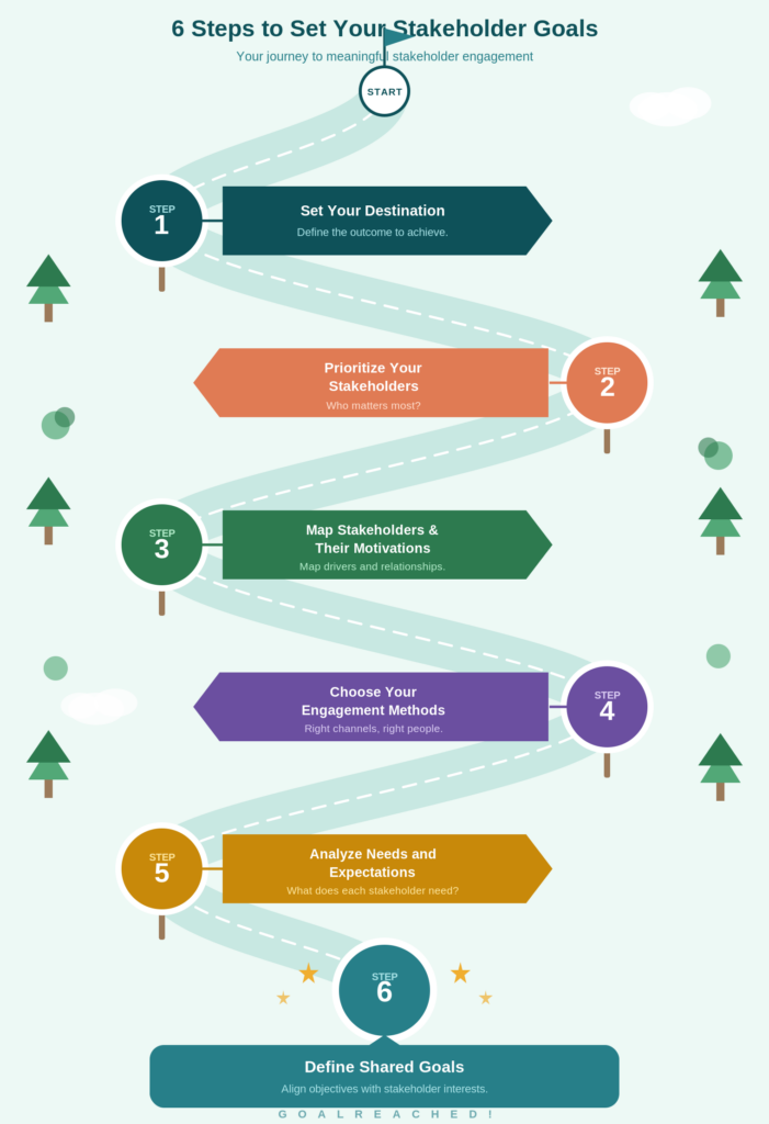 Infographic titled Set Your Stakeholder Goals in 6 Steps.