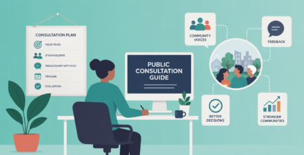 Person sitting in front of a computer planning a public consultation